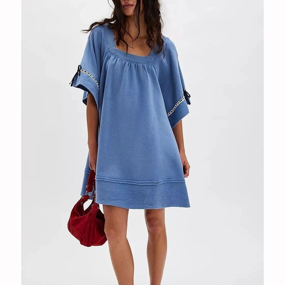 Free People Astoria Sweatshirt Tunic Dress Oversized Ribbon Lace Cotton S 283877